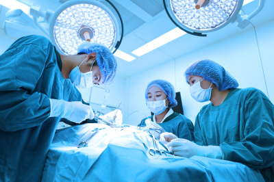 group of veterinarian surgery in operation room take with art lighting and blue filter